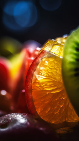 Closeup of fruits on a dark background with bokeh., generative aiの素材