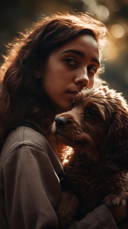 Portrait of a beautiful young woman with a dog in the park., generative aiの素材
