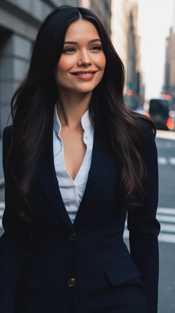 portrait of smiling businesswoman in blue suit standing in city street, generative aiの素材