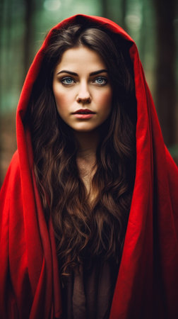 Beautiful young woman in red cloak in the forest. Halloween theme., generative aiの素材