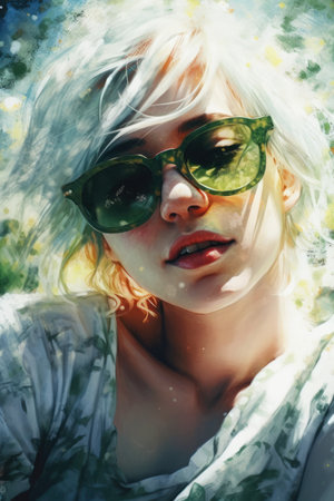 Portrait of a beautiful blonde girl in green sunglasses. Digital painting., generative aiの素材