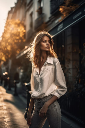Fashion portrait of a beautiful young woman in jeans and a white shirt on the street., generative aiの素材