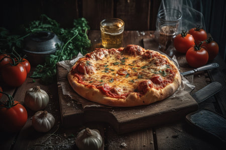 Homemade pizza with mozzarella cheese and tomatoes on wooden background, generative aiの素材