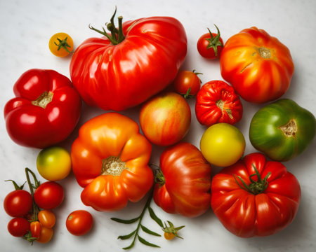 Variety of colorful tomatoes on white marble background. Top view., generative aiの素材