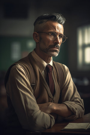 Portrait of handsome mature man in eyeglasses sitting in cafe, generative aiの素材