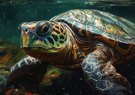 Close up of a sea turtle swimming in the water. This is a render illustration., generative aiの素材