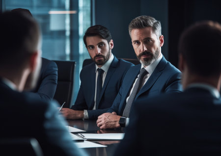 Serious mature businessman sitting at table during meeting with colleagues in officeの素材