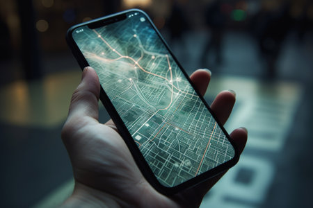 Smartphone with map on the screen in the hands of a man, generative aiの素材