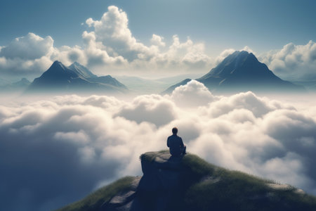 Man sitting on top of mountain and looking at misty valley., generative aiの素材