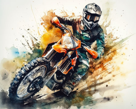 Motorcycle rider on the road. Digital watercolor painting on white background., generative aiの素材