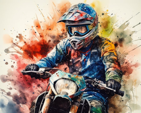Motorcycle rider on a motorcycle. Colorful watercolor background., generative aiの素材