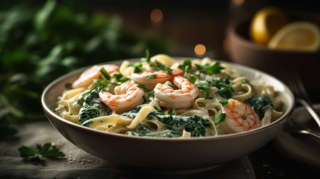 bowl creamy fettuccine shrimp closeup pasta spinach promotional sales frame store listing, generative aiの素材