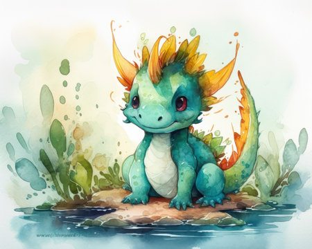 cute little dragon design sitting rock deep young portrait spike hybrids holding green fire fructose shell illustration art splash adopt technique princess smiling aquarius, generative aiの素材