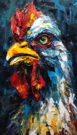 portrait foghorn leghorn rooster redhead yellow beak palette knife textures cracked plastic wrap vibrant painted brushed blue paint thick impasto technique amazing art fractured, generative aiの素材