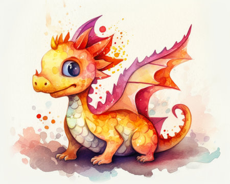 cute little dragon design illustration big smile deep pyro color borders tv pointy ears fiery palette child hybrid fantastic nonhuman tail, generative aiの素材