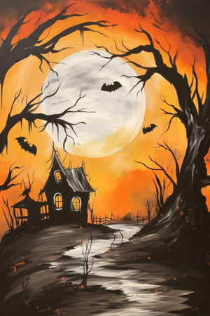 spooky easy halloween house bats flying rustic enormous secure black studio background color escape room small splash old forest dull palette colors thick paint road, generative aiの素材