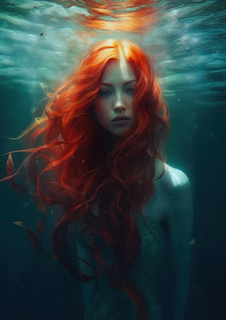 natural smile temple sun woman red hair green dress long orange pale ivory skin unique beauty flowing tendrils saltwater skinned silver, generative aiの素材