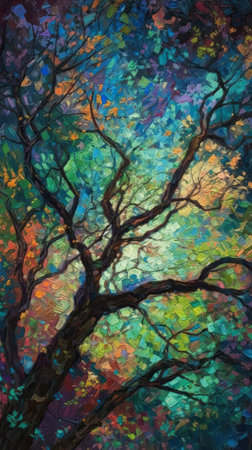touch stars feel warmth tree sky background colored rainforest closeup fractured bright vivid color hues precisionism emerald, generative aiの素材