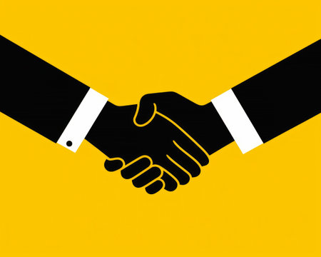 strategic partnerships yellow closeup hands shaking background bold black lines amicable dream sequence welcoming merchant user interface design trustworthy eyes ads defense banner, generative aiの素材