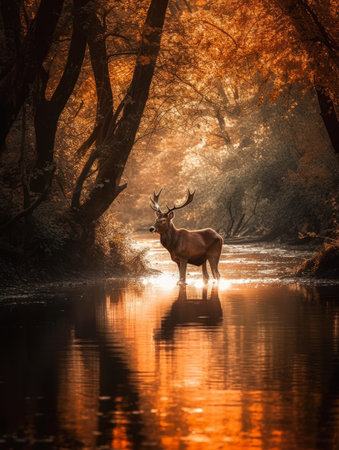 red deer river reflection trees forest rays standing deep background ambient amber light scene naturalistic technique magic lighting flowing rhythms waterways golden glow wanderer, generative aiの素材