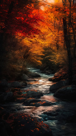 large stream running trees forest bright red tree border sunset glow flowing feeling background colors scenario vertical appalachian mountains todays color, generative aiの素材