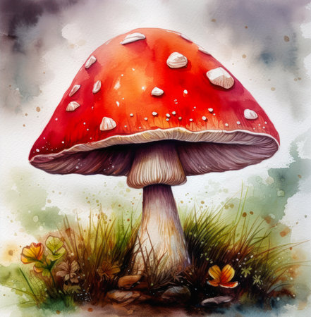 forest mushroom pastels red color cap white dots exquisite creature poster oil giant fluorescent fungi wonderland watercolor, generative aiの素材