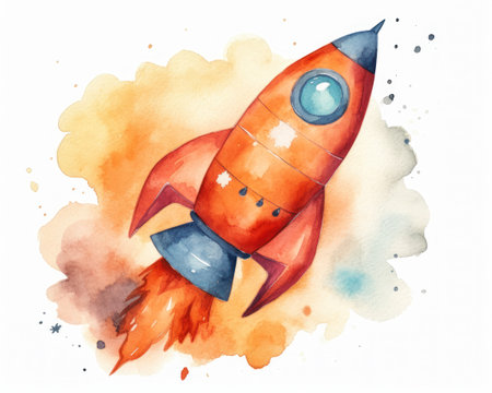 rocket kids two red ship blue body nose sticker small astronauts spell symbol highly illustration booster flares trading interconnections flat grey background, generative aiの素材