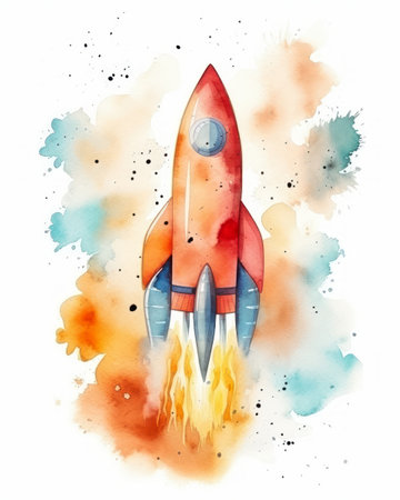 rocket kids two red ship blue tail yellow flame illustration space themed markets teal orange astronaut floating listing, generative aiの素材