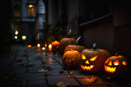 halloween holiday celebrated night carved pumpkins lined sidewalk profile evil spirits roam lanterns blood dead soldiers best year bewitching voice sewer background banner, generative aiの素材