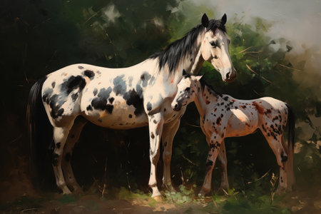 spotted pony foal horse field dappled lighting andre white black spots other mother ultra swiping brushwork mate, generative aiの素材