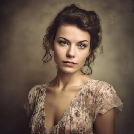french female model wearing portrait woman dress serious look moody neutral hipster tones gorgeous digital mid old naturalistic technique mouse girl enigmatic natural beauty smiling, generative aiの素材