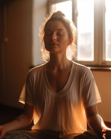 woman meditating sun sitting meditation position eyes closed wearing light shirt happy flowing magical flesh robe room left align content young women daylight indoor, generative aiの素材