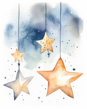 shooting stars kids two neut three hanging strings string illustration twinkling connecting life glittering metal paint under silent night sky star hatcheries flat gifts faint glow, generative aiの素材