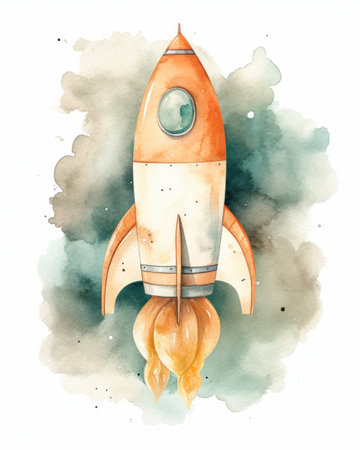 rocket kids two ship green eye illustration empty background astronaut floating space rising steam graphic missiles, generative aiの素材