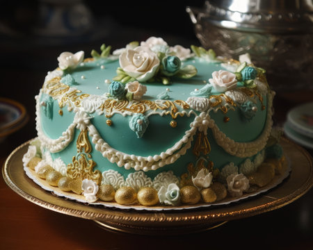 fancy birthday cake sitting plate table turquoise gold details ever after high intense piping, generative aiの素材