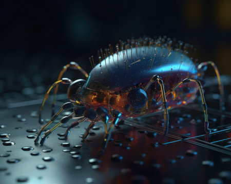 exploring submicron surface various prob closeup bug computer keyboard deep droplets arachne evil crawling out room micro quadruped, generative aiの素材