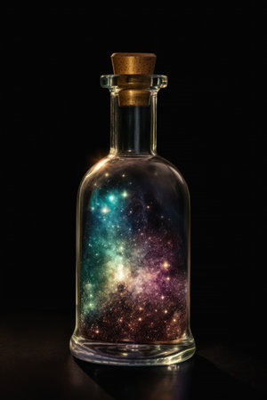 entire galaxy nebula universe contained inside glass closeup bottle product idea seeps infinity standing bar tones bottles spices empty space colored radiate connection stars, generative aiの素材