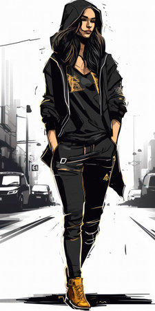 color sketch fashion theme girl weared black woman walking street hoodie pants wearing shirt gold rich leather jacket tomboy precisely boyish high tails blue scheme, generative aiの素材