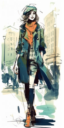 color sketch fashion theme girl trendy clothe drawing woman walking down street coat scarf dazzle camouflage blue tunic love anorexic figure punk, generative aiの素材