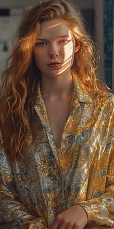Stunningly perfect skin chest beckon woman long red hair gold shirt transparent dappled afternoon sunlight unique beauty curly blond distant expression silk gaze young, generative aiの素材