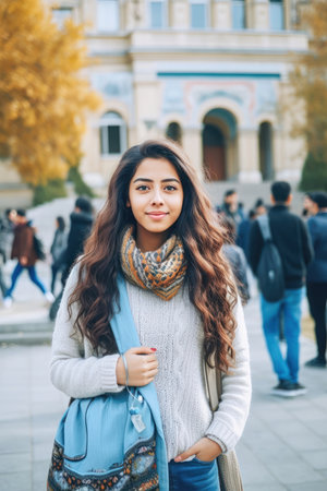 girl university woman blue backpack scarf standing front building gen skin color portrait normal teenage parks public space looking straight professional persian extemporaneous, generative aiの素材