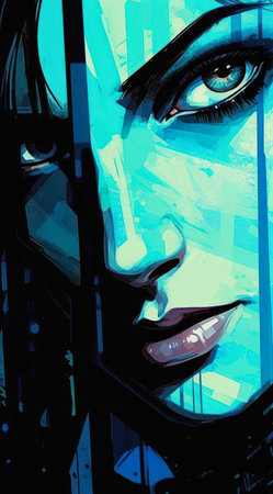 anime closeup portrait woman blue face neo noir mirrors edge translucent pastel panels color scheme soft art grey scale poster template girl, generative aiの素材