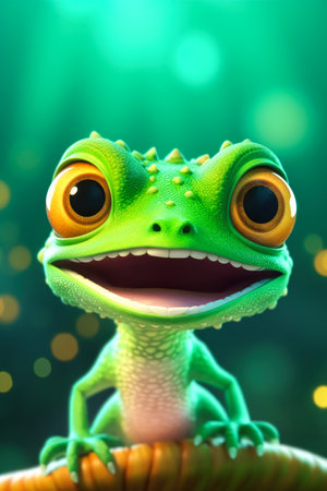 adorable little creature green closeup cartoon lizard big smile trend station portrait icon mobile cute round slanted eyes angry gecko gentleman princess lens flares stylized geo, generative aiの素材