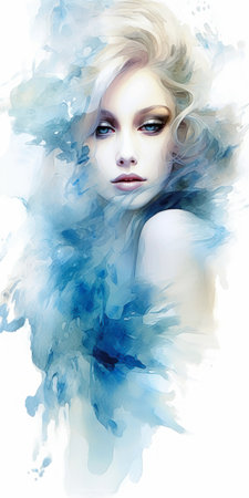 eyes natural smile impasto portrait woman blue feathers head illustration ambient computer color young flower soft art, generative aiの素材