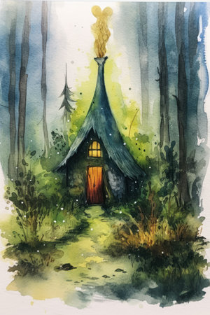 Watercolor illustration of a hut in the middle of the forest., generative aiの素材