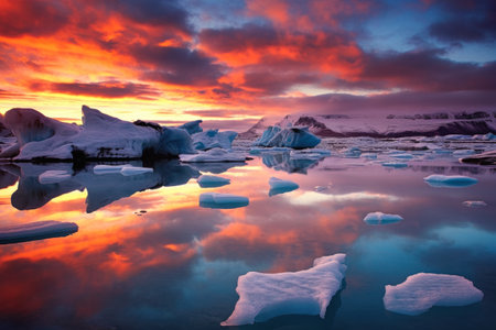 ice shores glacial lake iceland icebergs floating body deep sunset background header colors frostbite nature clouds environmental art jigsaw puzzle duplication content realms, generative aiの素材