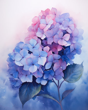 hydrangea deep color graded wash technique blue pink hydrant leaves station fleshy botanical card shadow dripping published home garden, generative aiの素材