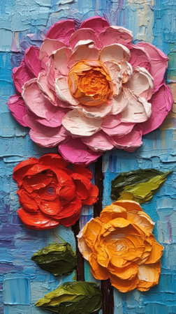 cute thick impasto peony blue background green leaves acrylic palette knife rose petals pink plasticine vibrant melted paint visible layers, generative aiの素材