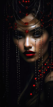 role closeup woman red necklace breathtaking veiled face fashion gypsy angelic features diamond shaped flirtatious intrigued masked queen brunette sumptuous, generative aiの素材