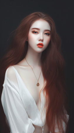 long hair white skin cute clothe closeup woman red wearing shirt popular south korean makeup human lamb hybrid small necklace flowing silky garment pale princess blush, generative aiの素材